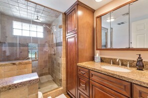 Rainfall showerhead, hair dryer, towels, shampoo - Near Coachella Tuscan-Inspired | Golf, Pool & Tennis Amenities | Extended Patio | Mountain Views (Palm Desert)