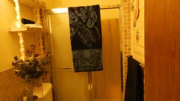 Een douche, handdoeken, zeep, toiletpapier