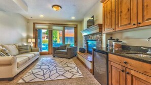 Smart TV, fireplace, video games, DVD player