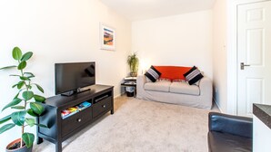 A living room with a TV on a black stand, a grey sofa, a small table with a plant, and a door. - Under Edinburgh Castle (Edinburgh)