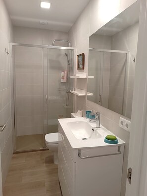 Shower, hair dryer, towels