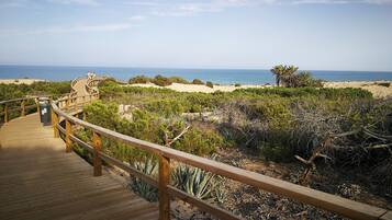 A wooden boardwalk leading to a beach with dense vegetation and a clear view of the ocean.