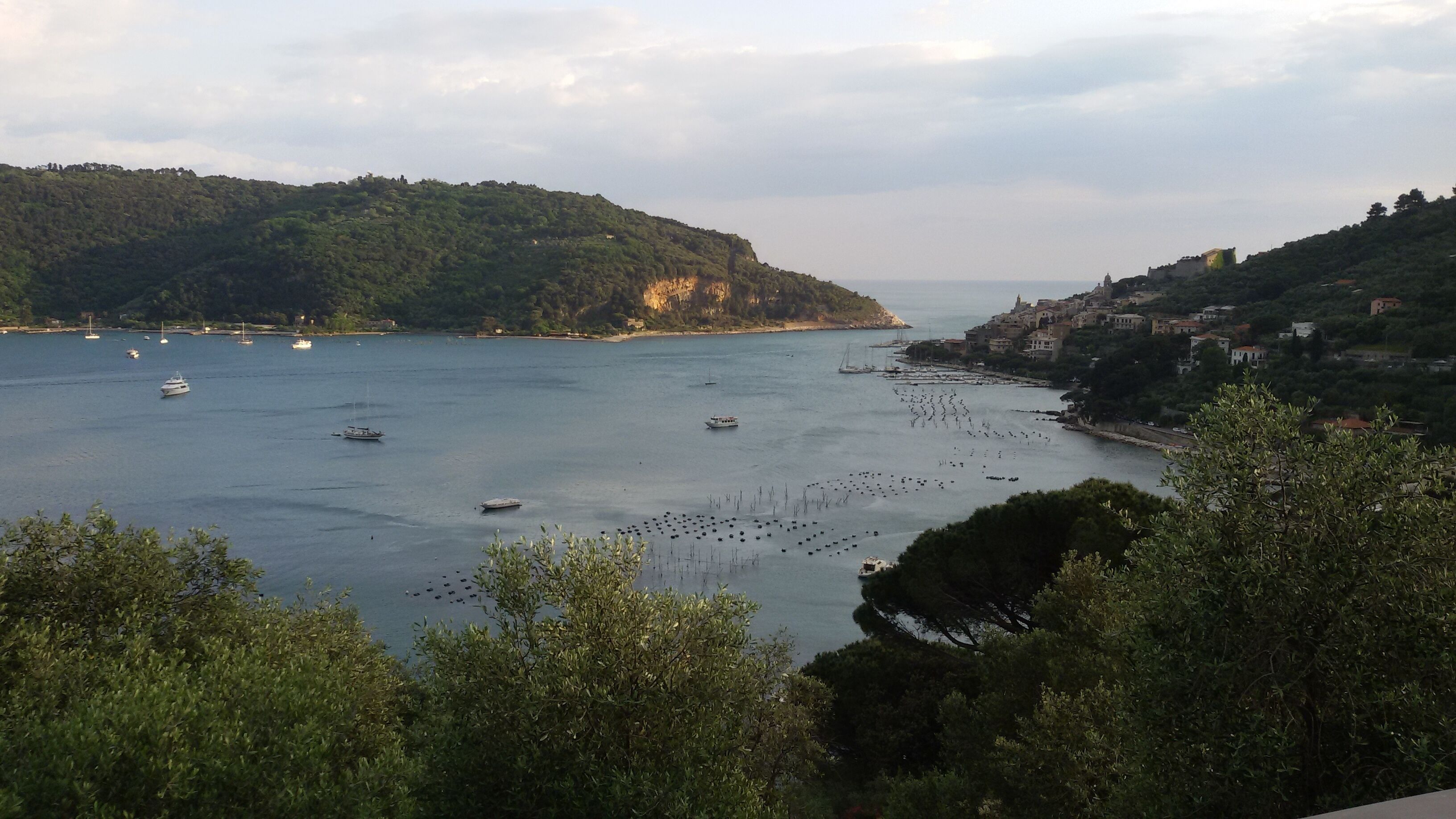 Une ville côtière où l’on voit des bateaux sur l’eau, entourée de collines et de bâtiments.