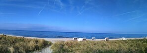 Una spiaggia con cielo sereno, mare calmo e un sentiero che conduce alla riva.