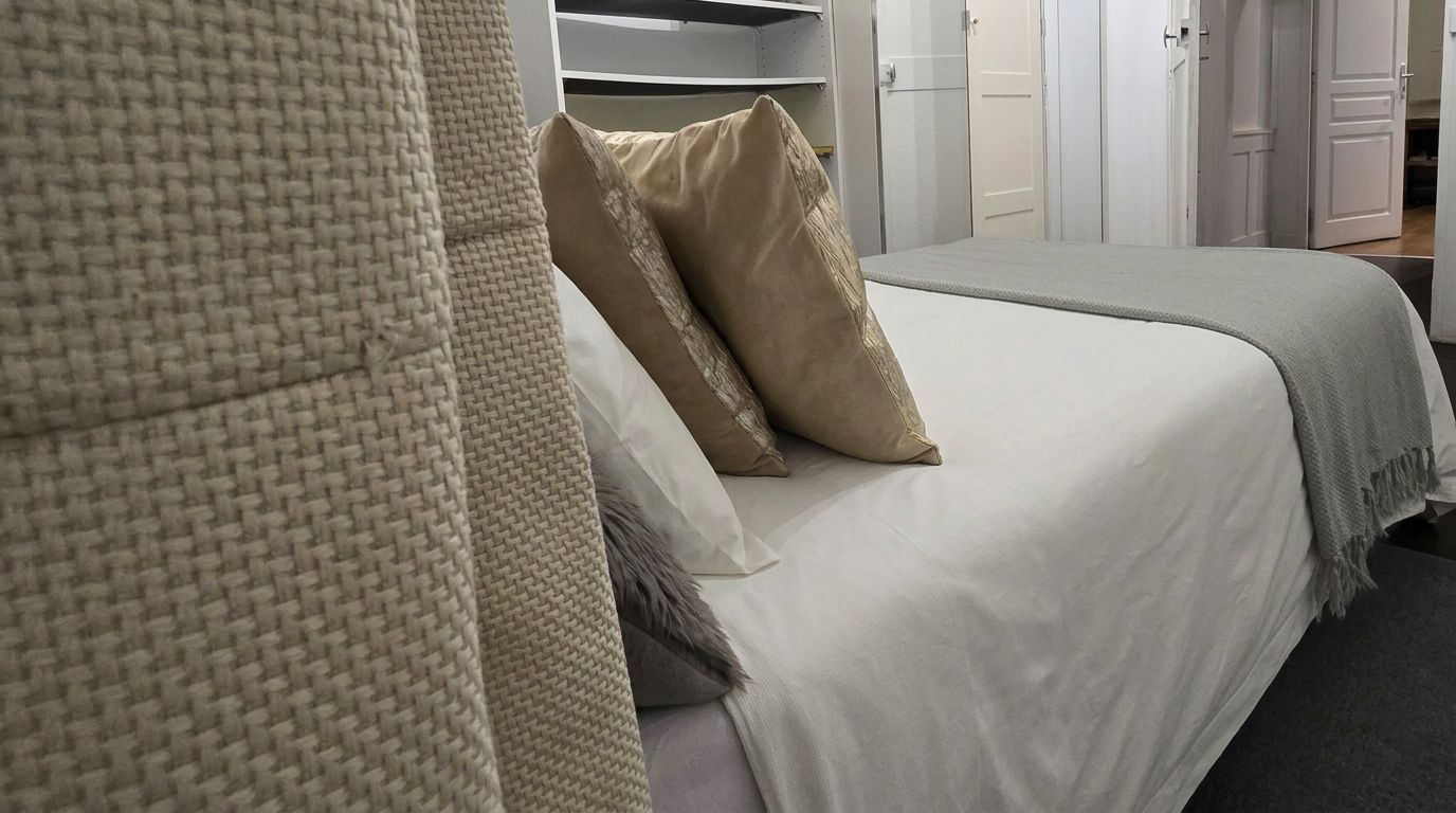 Un lit avec une literie blanche et deux oreillers beige, un plaid gris et une tête de lit en osier.