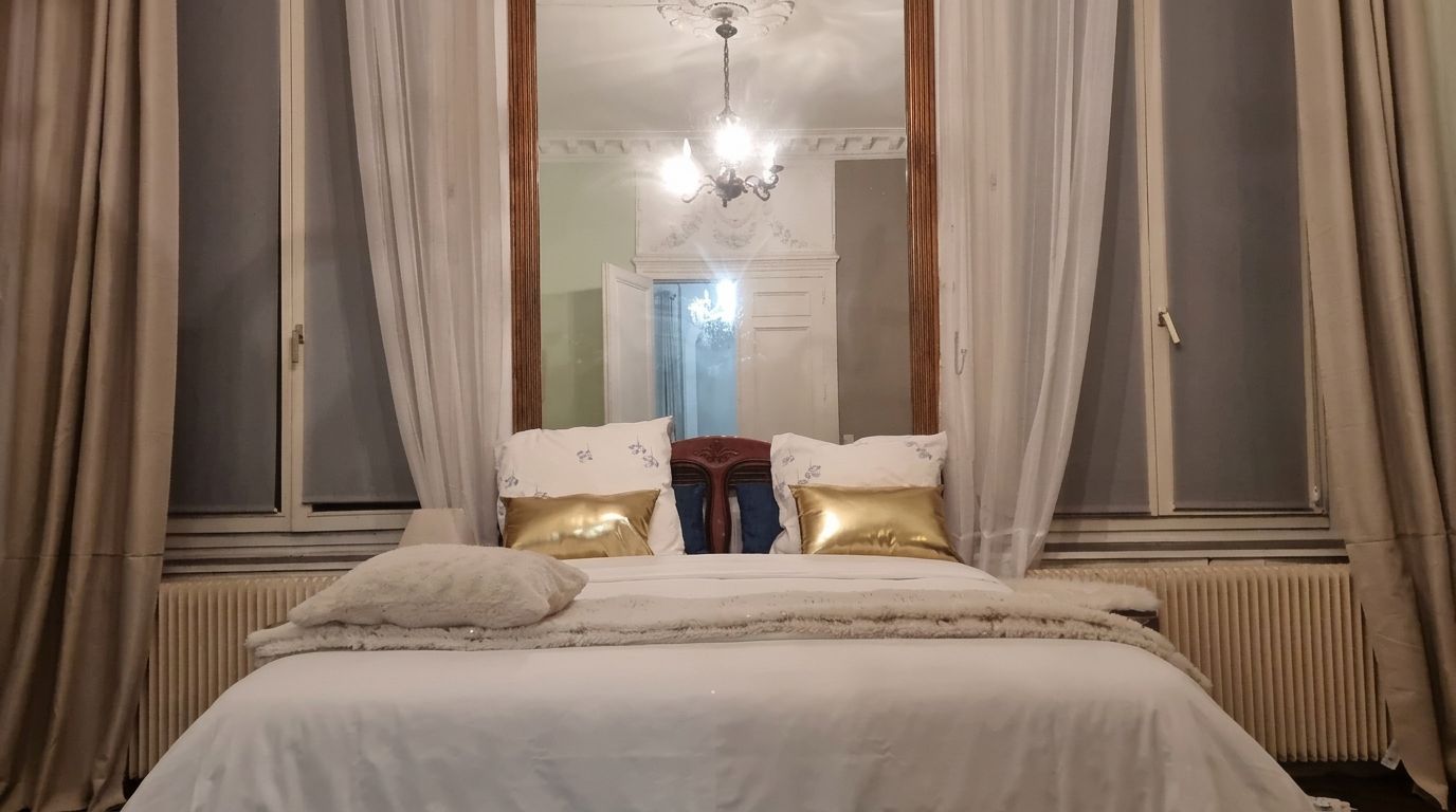 Un dormitorio con una cama grande, un espejo y cortinas.