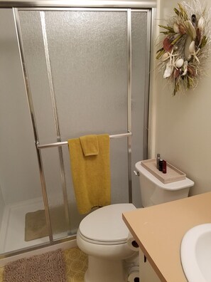 Douche, sèche-cheveux, serviettes fournies, savon