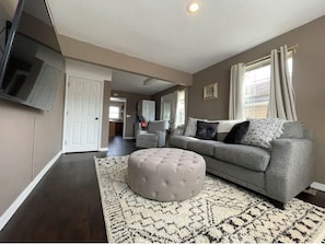 Smart TV, fireplace, DVD player, books