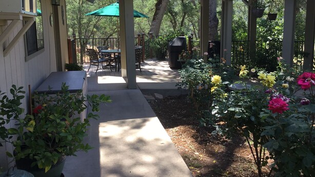A covered patio with outdoor furniture, a barbecue grill, and potted plants.