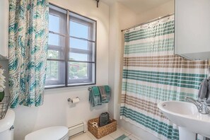 Bathtub, hair dryer, towels, soap