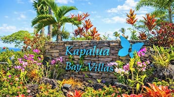 A stone sign with 'Kapalua Bay Villas' written on it, surrounded by tropical plants and palm trees.