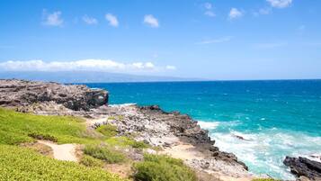 A coastal landscape with rocky terrain, a clear blue sky, and the ocean.