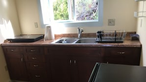 A kitchen with a sink, countertop, and cabinets.