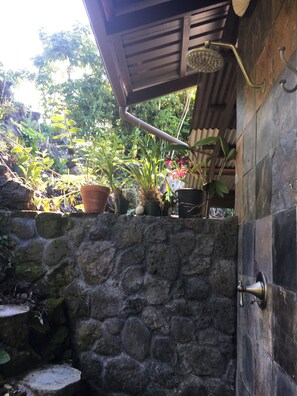 A stone wall with a metal door, potted plants, and a wooden ceiling.