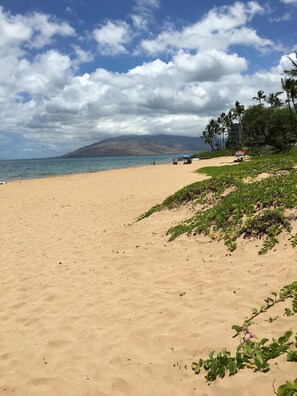 Ranta lähistöllä, aurinkotuoleja, rantapyyhkeitä