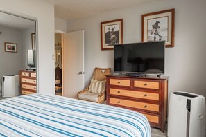 A bedroom with a bed, a television, a dresser, and a heater.