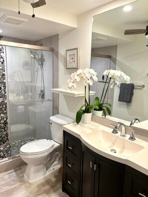 Shower, hair dryer, towels, soap