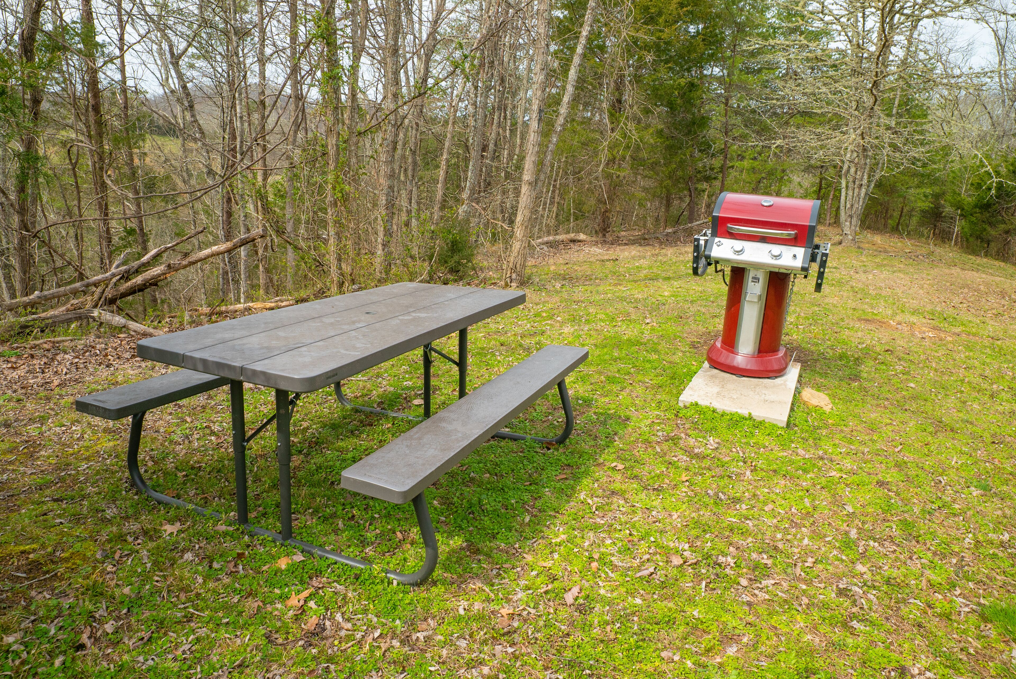 A picnic table with benches and a barbecue grill in a wooded area.