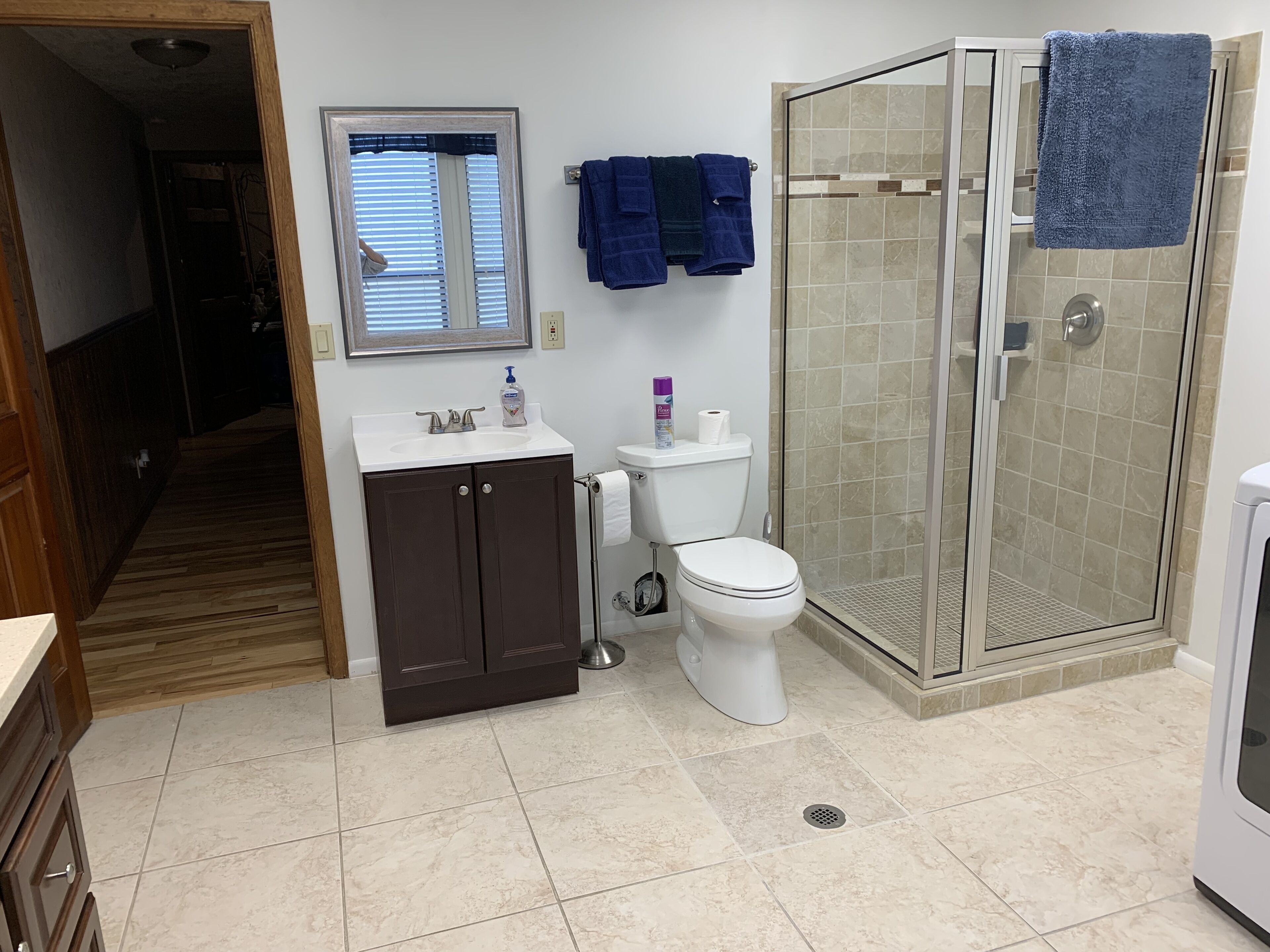 Une salle de bain avec des toilettes, un lavabo et une douche.