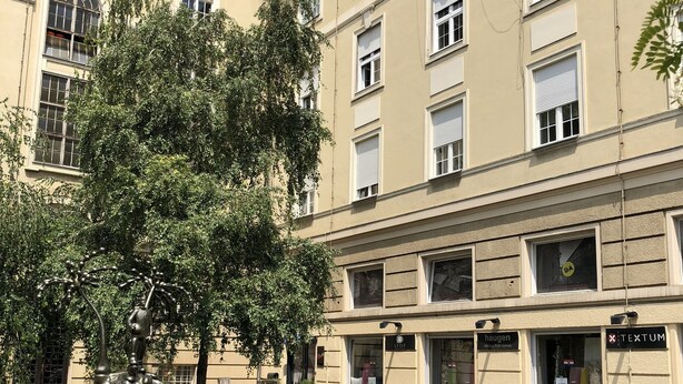 A building with multiple windows and a garden with red flowers. - Design Studios SVI-MI (Zagreb)