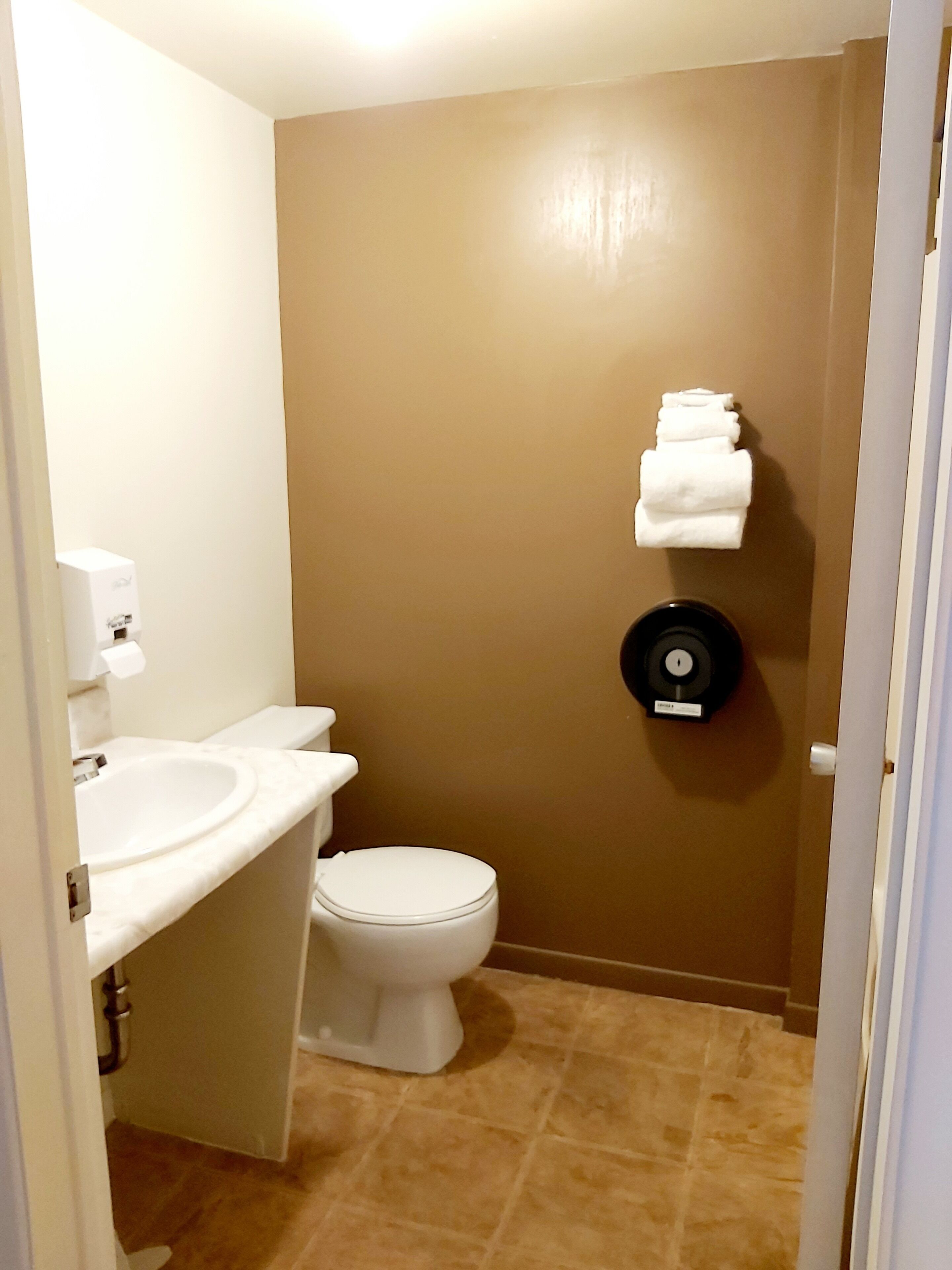 A bathroom with a toilet, sink, and towel rack.