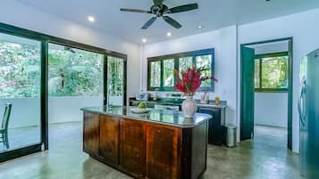 Fridge, microwave, stovetop, coffee/tea maker
