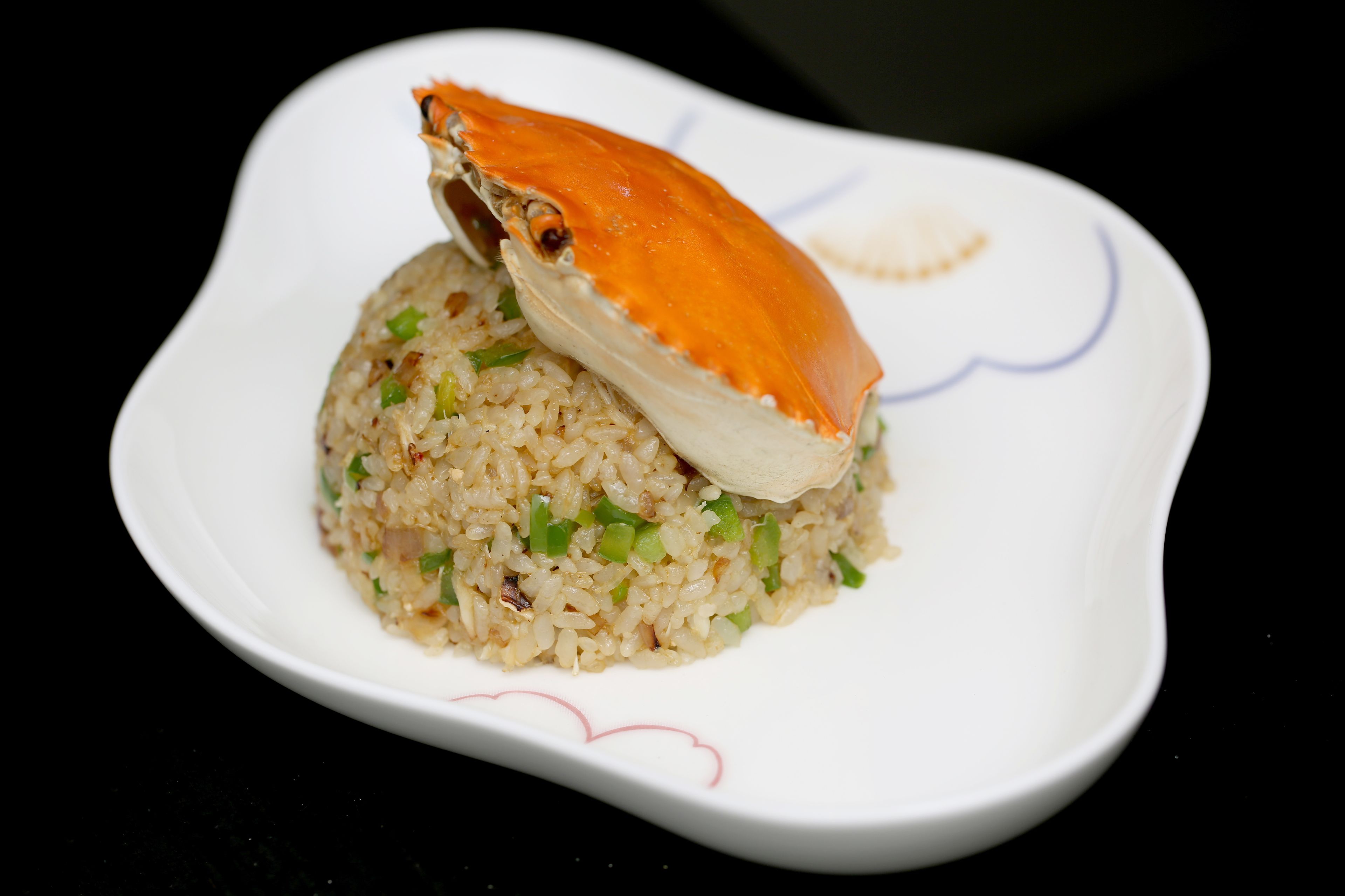 Un plato de arroz frito con un cangrejo encima.