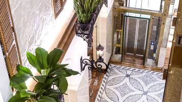 Un pasillo con piso estampado, una planta en maceta y una puerta con panel de vidrio.