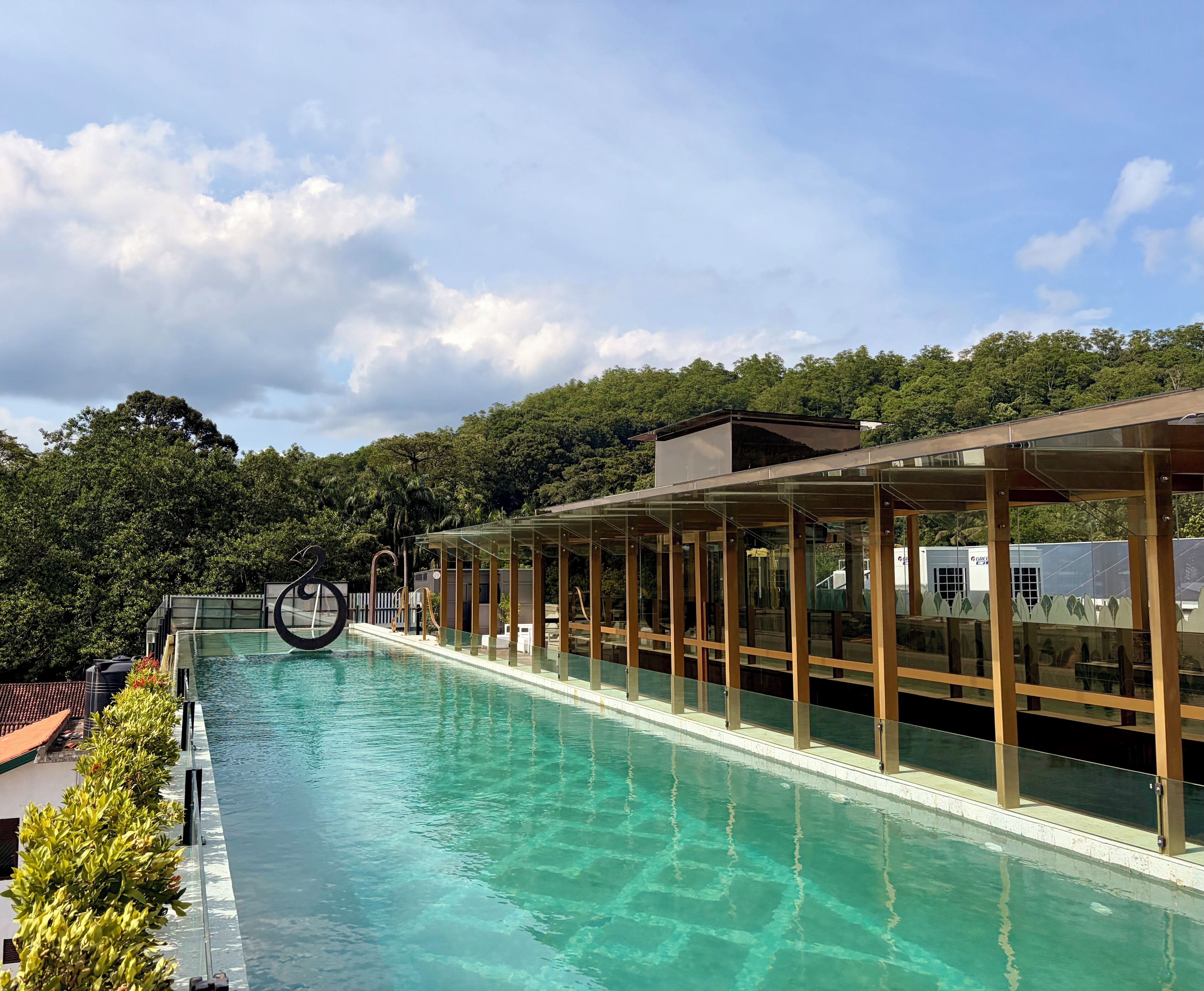 A swimming pool with a glass enclosure, surrounded by greenery and trees.