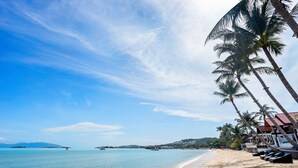 A beach with palm trees, a sandy shore, and a clear blue sky. - Ban Mok Talay Beachfront Villa (Koh Samui)