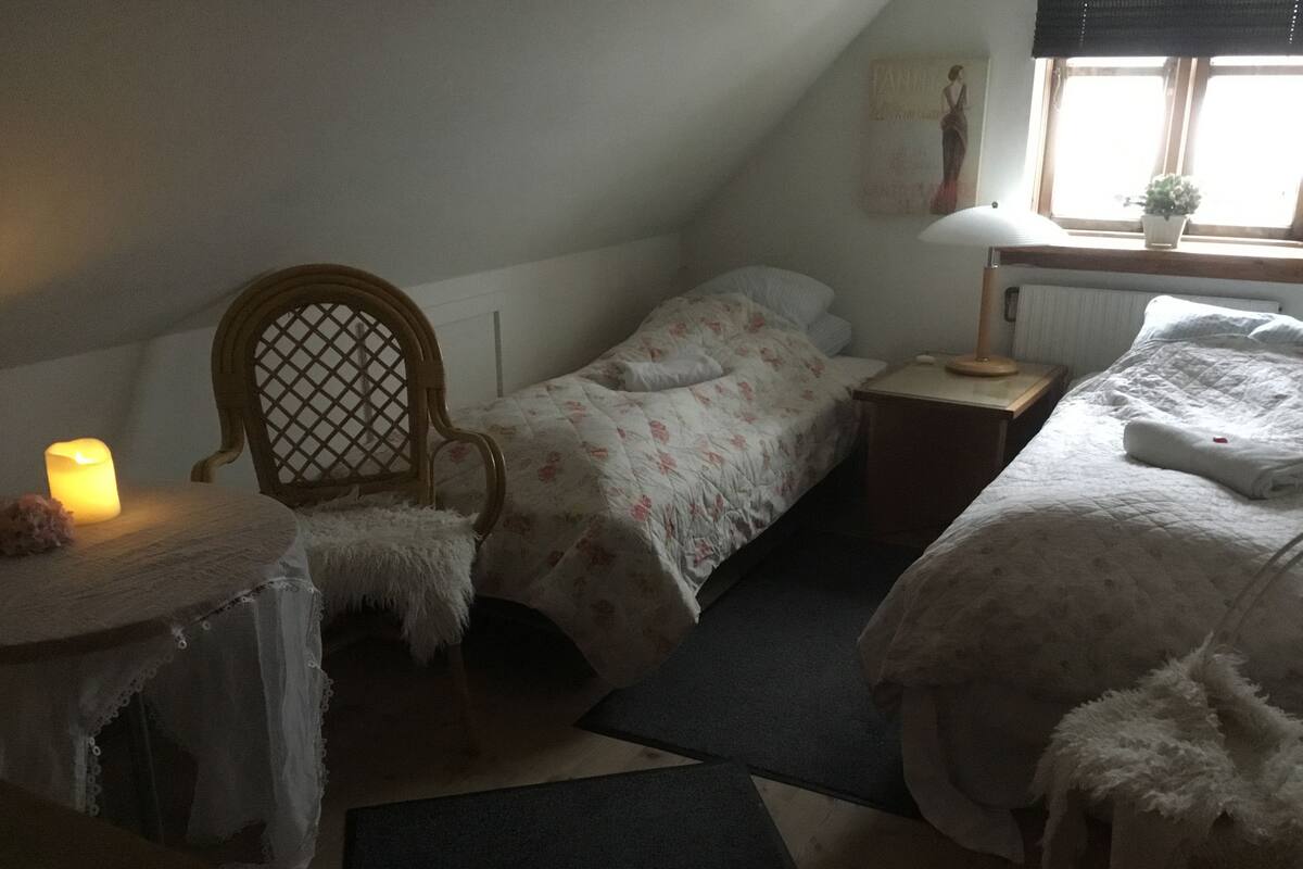 Tunnelmallinen makuuhuone, jossa on yksi sänky, tuoli, yöpöytä ja ikkuna, josta on näkymä.
