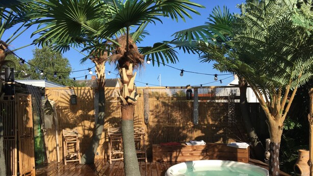 A wooden deck with a hot tub, surrounded by palm trees and a bamboo fence. - Sovdejligt (Hillerod)