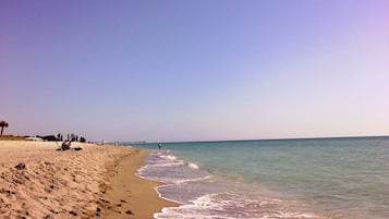 Playa privada, sillas reclinables de playa, sombrillas, snorkel