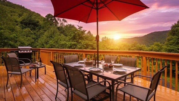 Une terrasse en bois avec une table dressée pour le repas, entourée de chaises, et un parasol rouge.