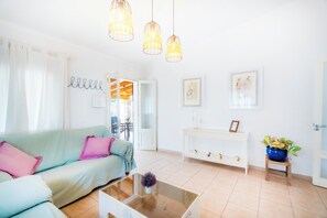 TV, fireplace, books, stereo