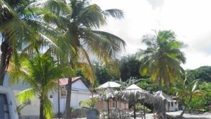 A beachside property with a thatched-roof hut, palm trees, and a white building with a red roof. - Apartment, near beach, view of the sunset, 2 bedrooms, sleeps 6 (Les Anses d'Arlet)