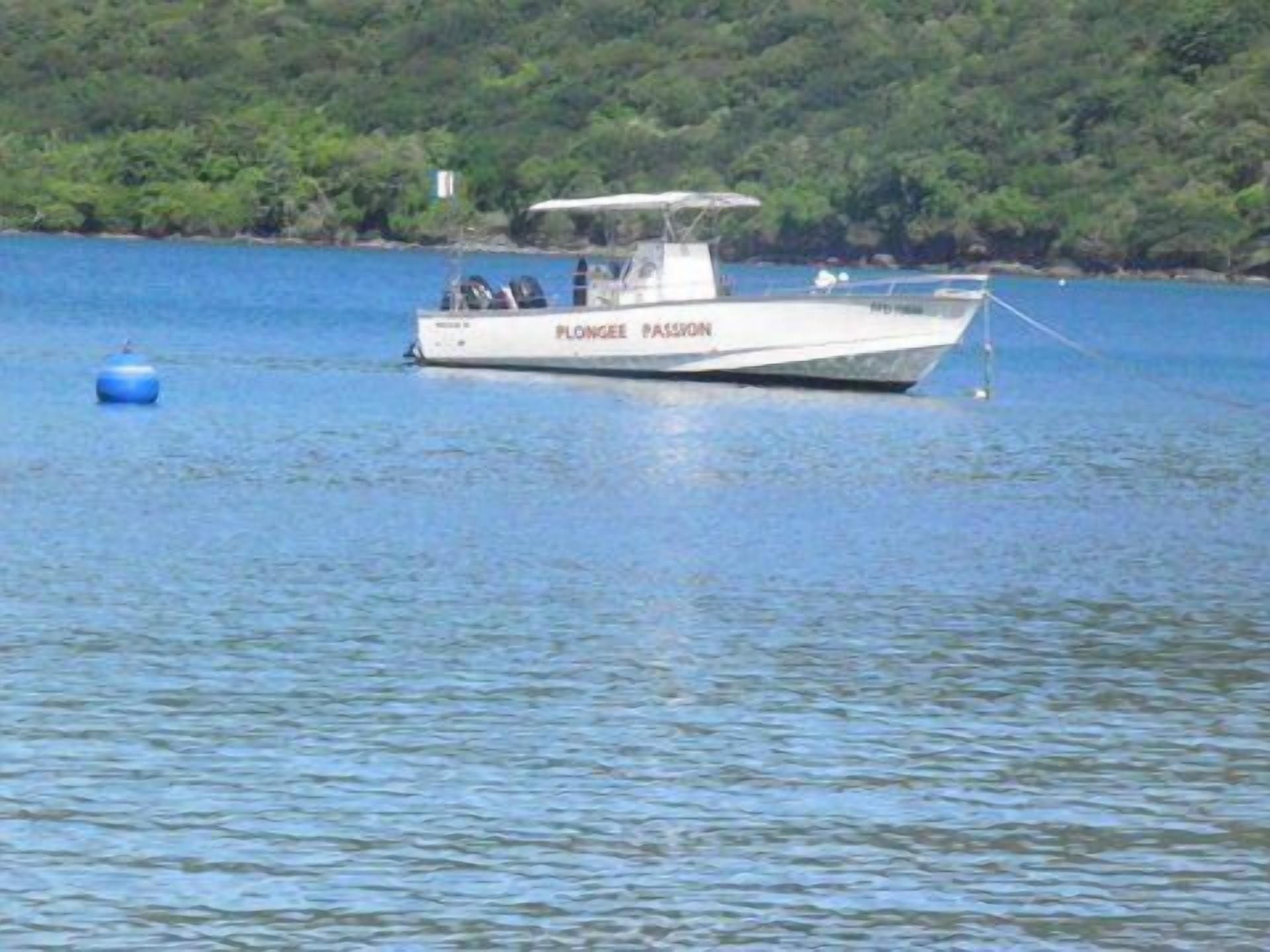 A small white boat named "PLONGEE PASSION" on calm water with a forested shoreline in the background.