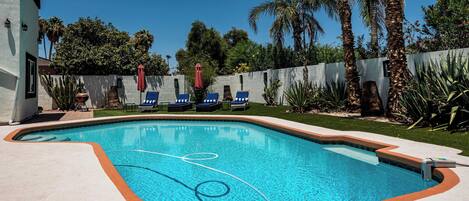 A swimming pool with a curved edge, surrounded by a low wall and a grassy area. There are lounge chairs and umbrellas along the wall.