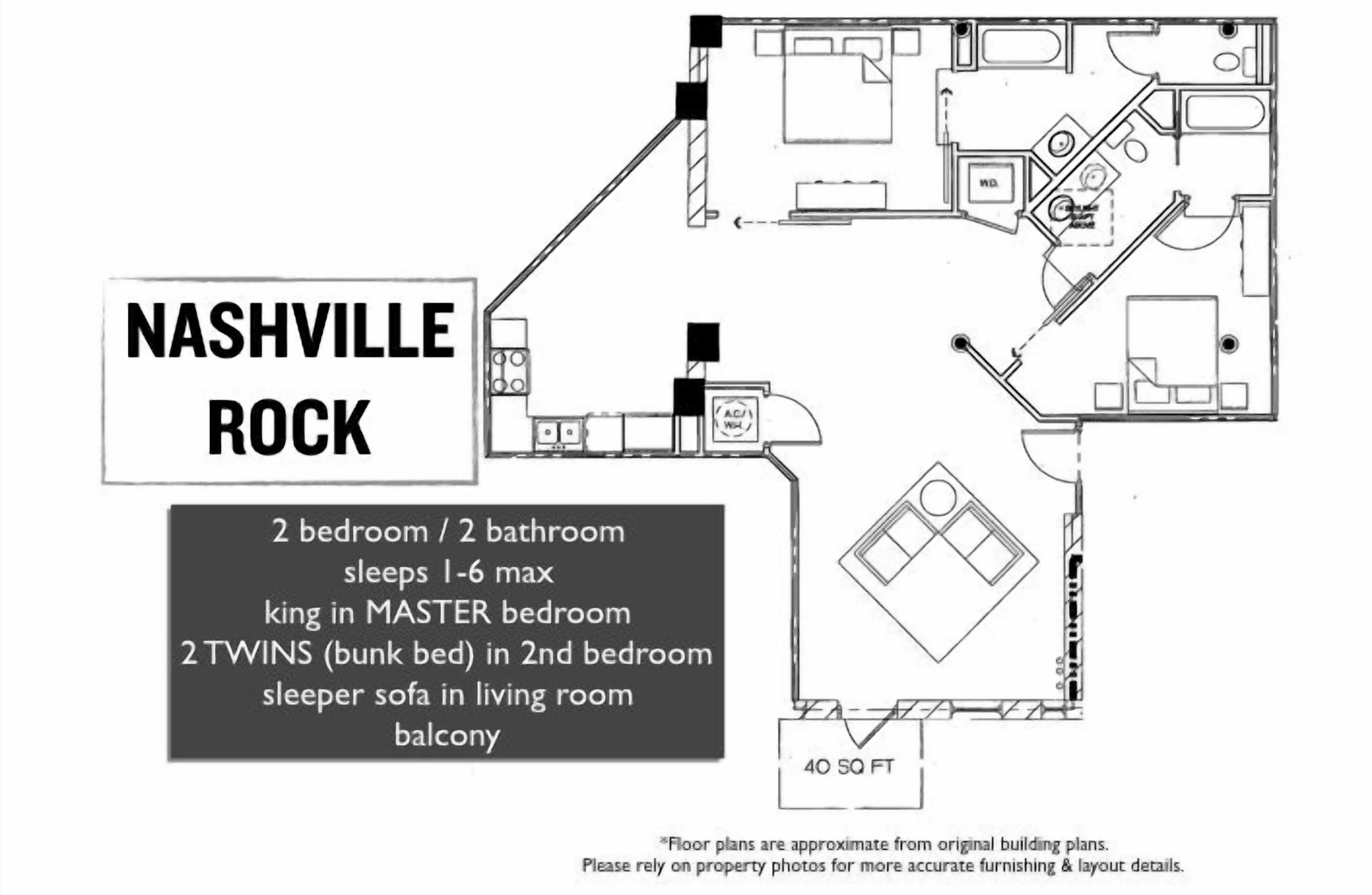 A floor plan of a 2-bedroom, 2-bathroom house with a master bedroom, a living room with a sleeper sofa, and a balcony.