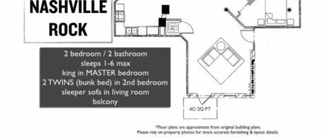A floor plan of a 2-bedroom, 2-bathroom house with a master bedroom, a living room with a sleeper sofa, and a balcony.