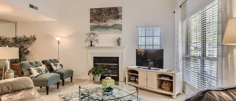 Smart TV, fireplace, DVD player, books