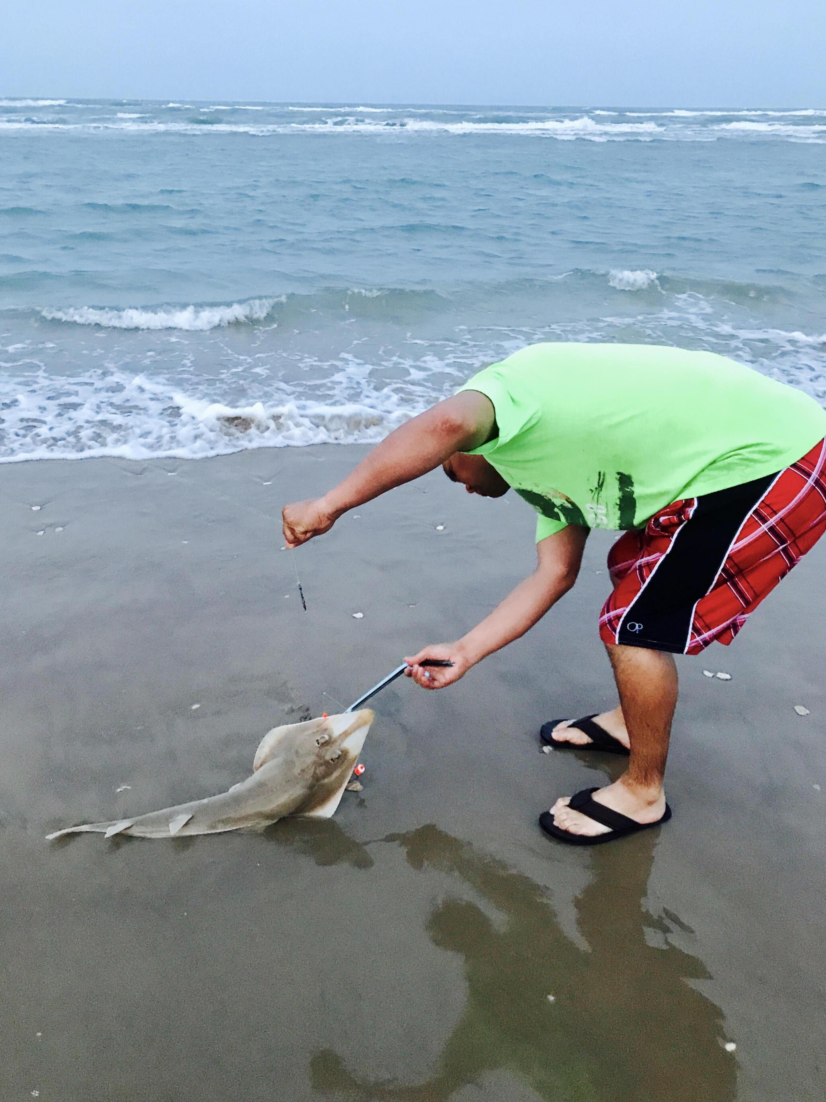 Eine Person am Strand, die einen Fisch hält.