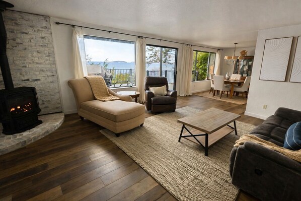Smart TV, fireplace, books, music library