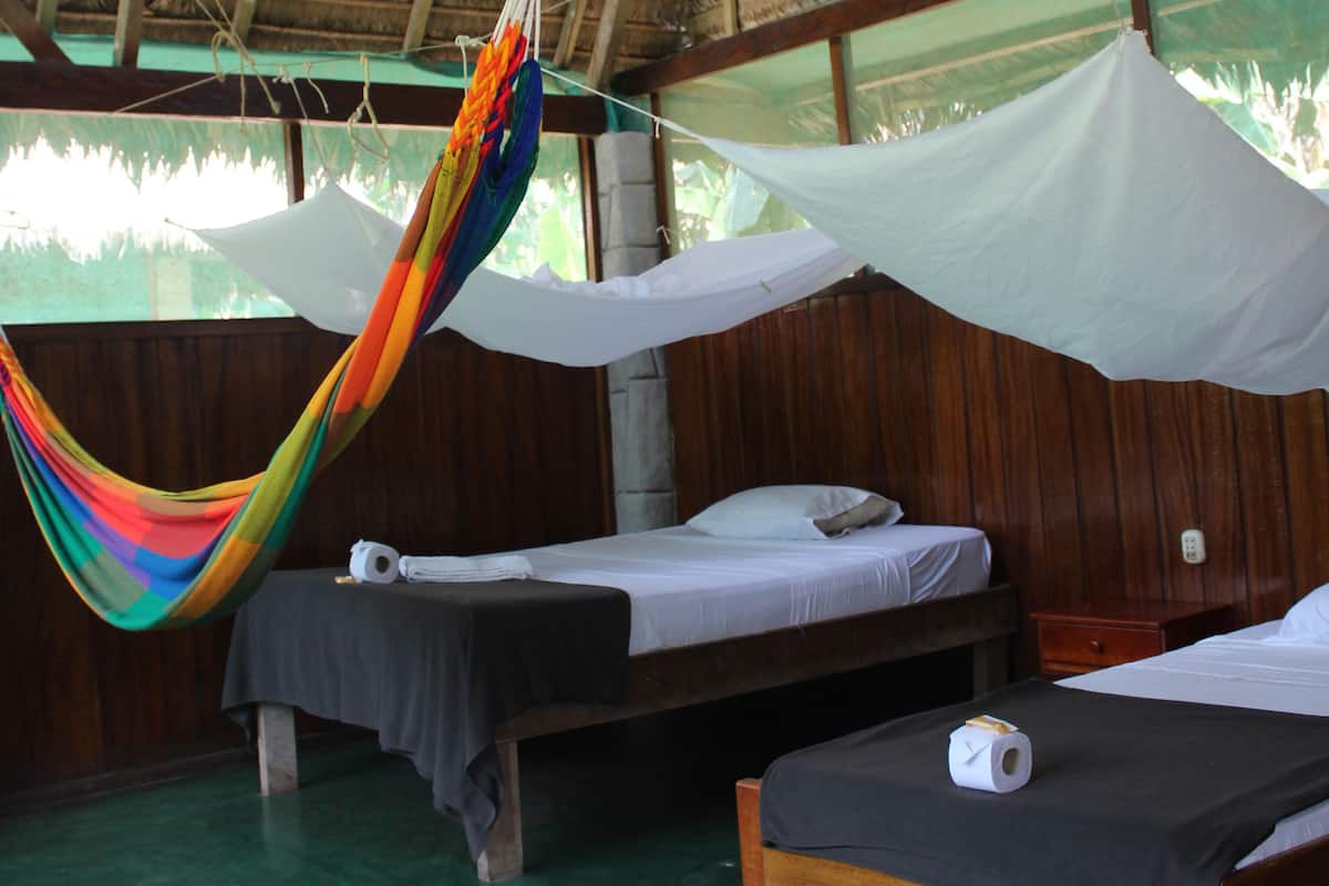 A room with two beds, a hammock, and a thatched roof.