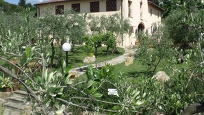 Un edificio con techo de tejas, rodeado por un jardín con diversas plantas y un sendero de piedra que conduce a la entrada.