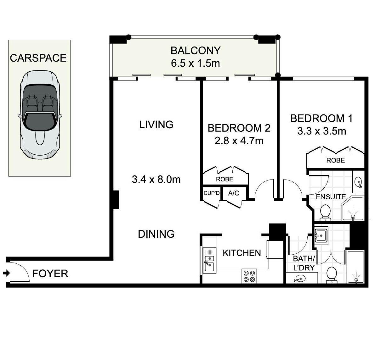 A floor plan with a car space, living area, balcony, two bedrooms, dining area, kitchen, bathroom, ensuite, and foyer.