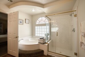 Combined shower/tub, hair dryer, towels, soap