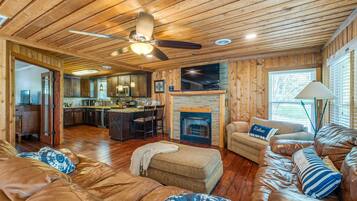 Smart TV, fireplace, DVD player, books