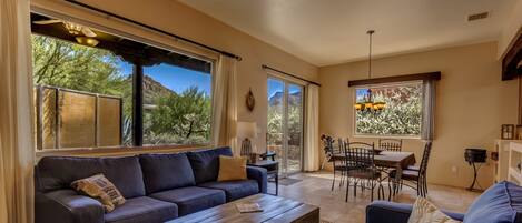 Smart TV, books, music library, stereo