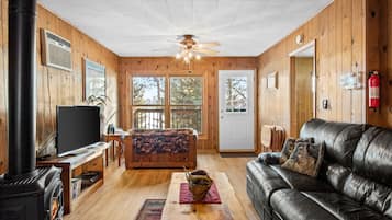 Smart-tv, een open haard, een dvd-speler en boeken